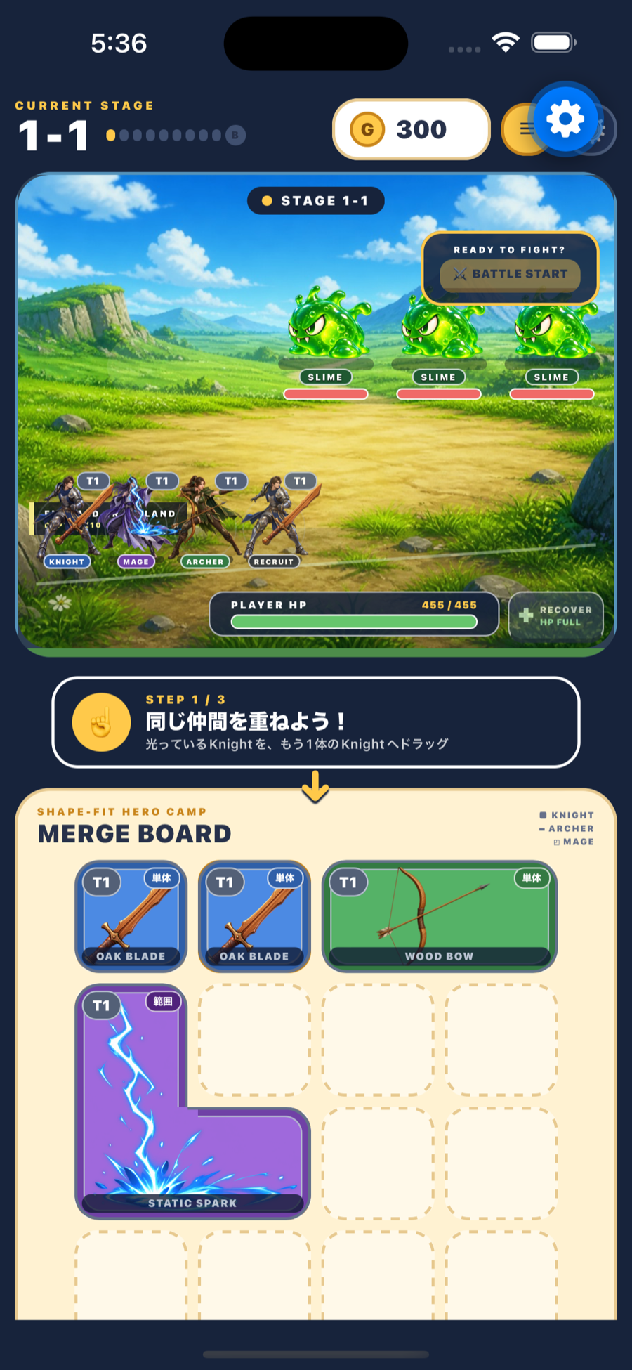 MeldQuest gameplay showing heroes, monsters, and the merge board